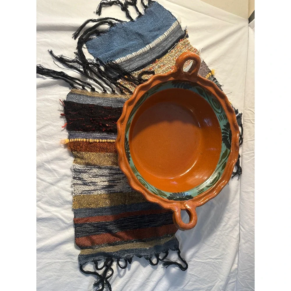 Mexican Terracotta Clay Cazuela Pot with Hand Woven Striped Textile Mat Set